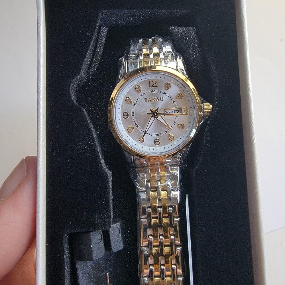 TAXAU Womens Watch White Dial Gold Silver Bracelet Day Date Diamond Markers Box